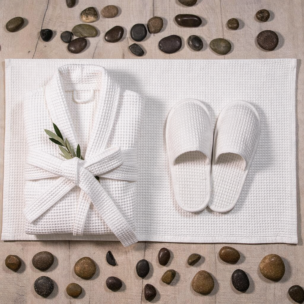 Packs peignoir nid'abeille + serviette  50/90 cm + pantoufles